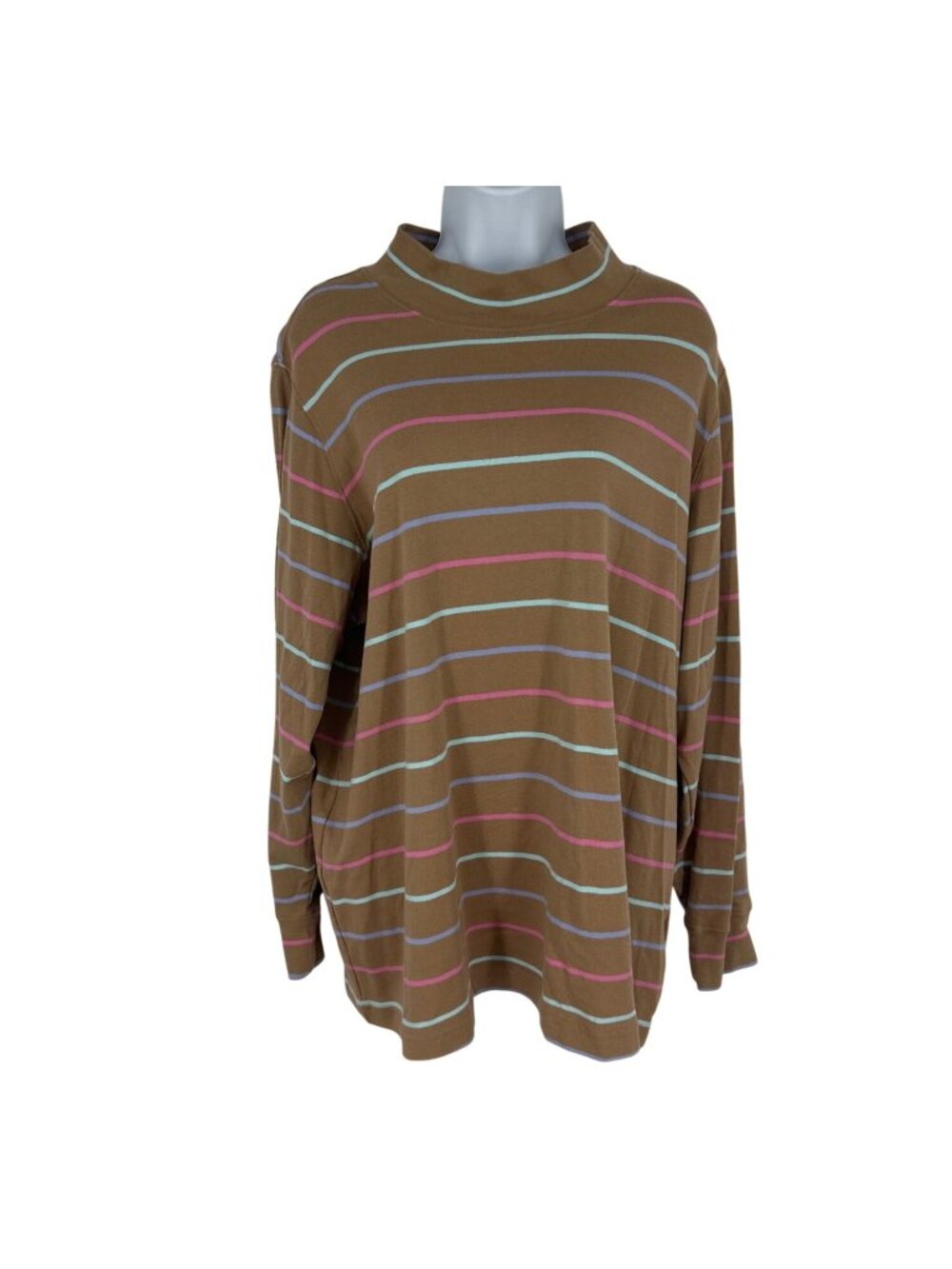 Lands End Women's Brown Striped Long-Sleeve Cotton Turtleneck Top Size 2X